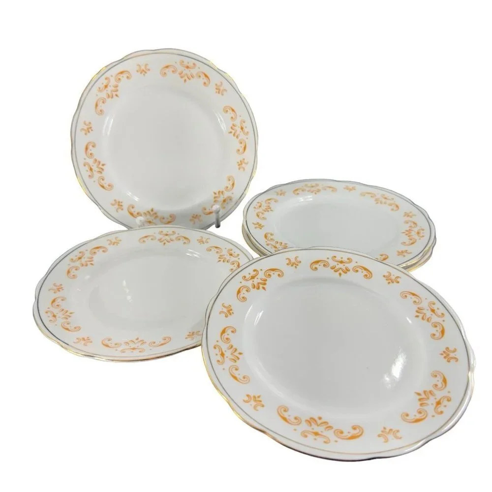 Cmielow Porcelain Ceramic Dish Plate Republic Of Poland Set 5‎ Orange White VTG